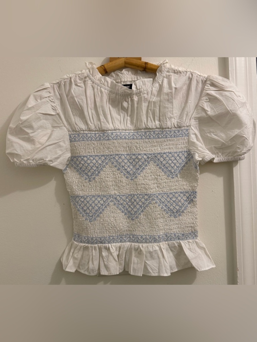 White Smocked Puff-Sleeve Blouse with Light Blue Embroidery